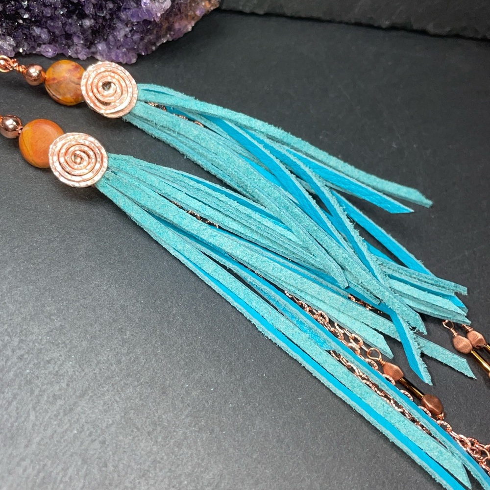 Natural Jasper And Genuine Turquoise Blue Leather Fringe And Copper Artisan - Picture 11 of 14